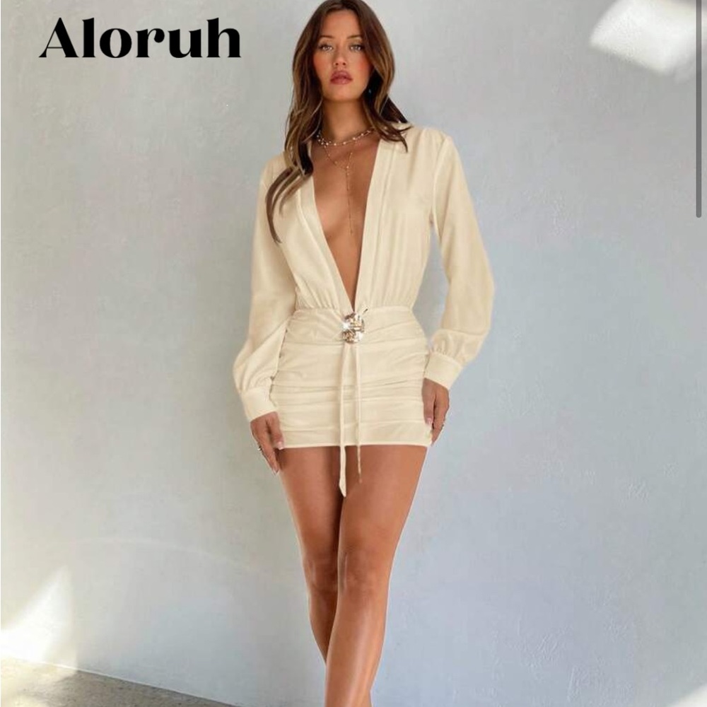 SHEIN Cream Long Sleeve Dress with Gold Accent